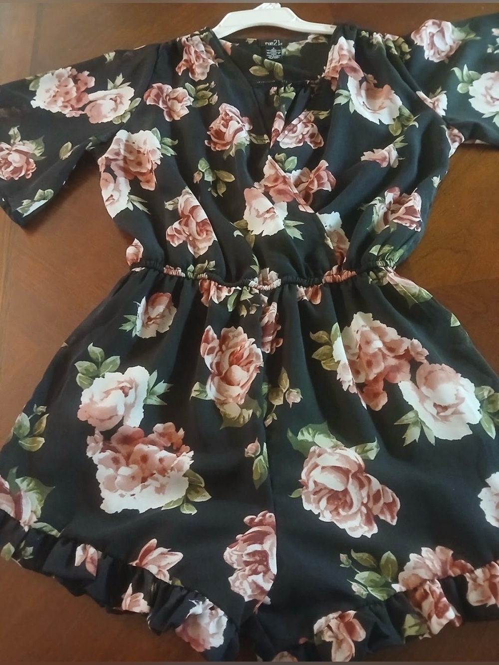 Black Floral Romper with Pink Rose Print - rue21